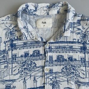 Folk Mens XL Blue White Print Short Sleeve Button Up Shirt 14055 Knit Beach EUC